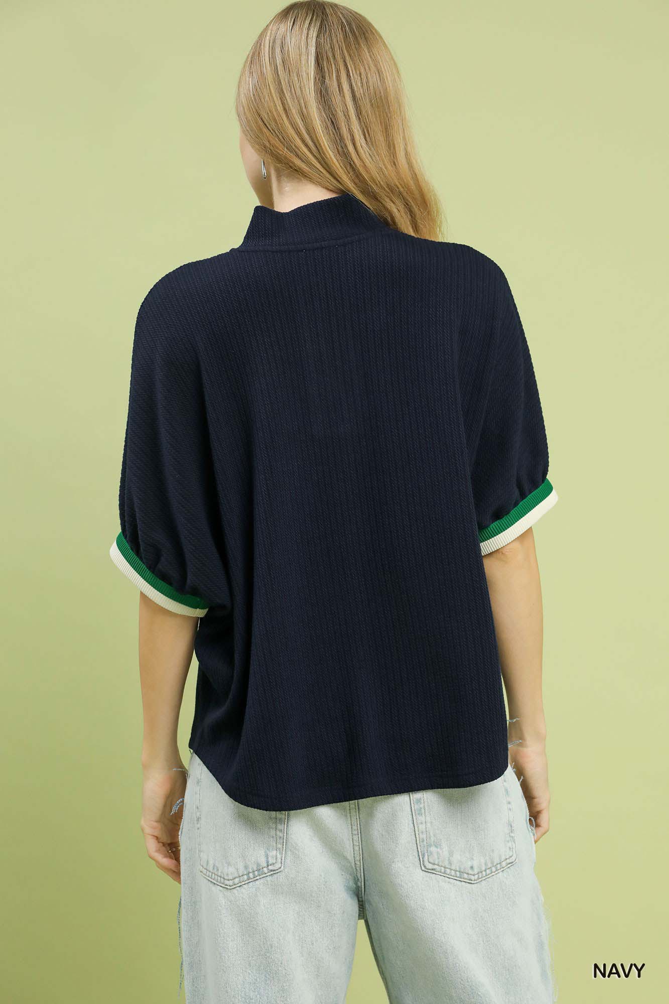 Umgee Textured Knit Top with Striped Contrast Trim