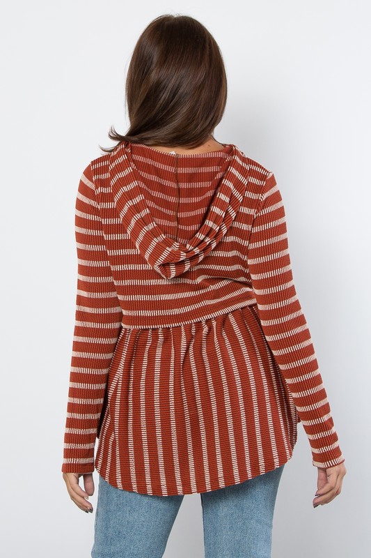 Full Size Drawstring Striped Babydoll Hoodie
