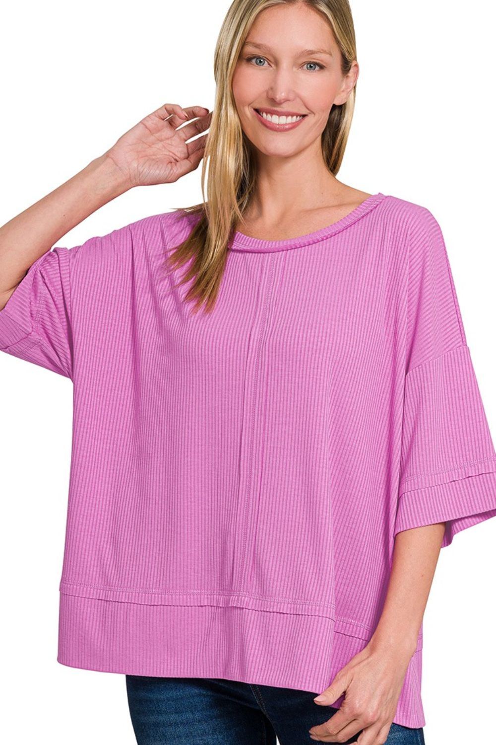 Ribbed Boat Neck 3/4 Sleeve Top