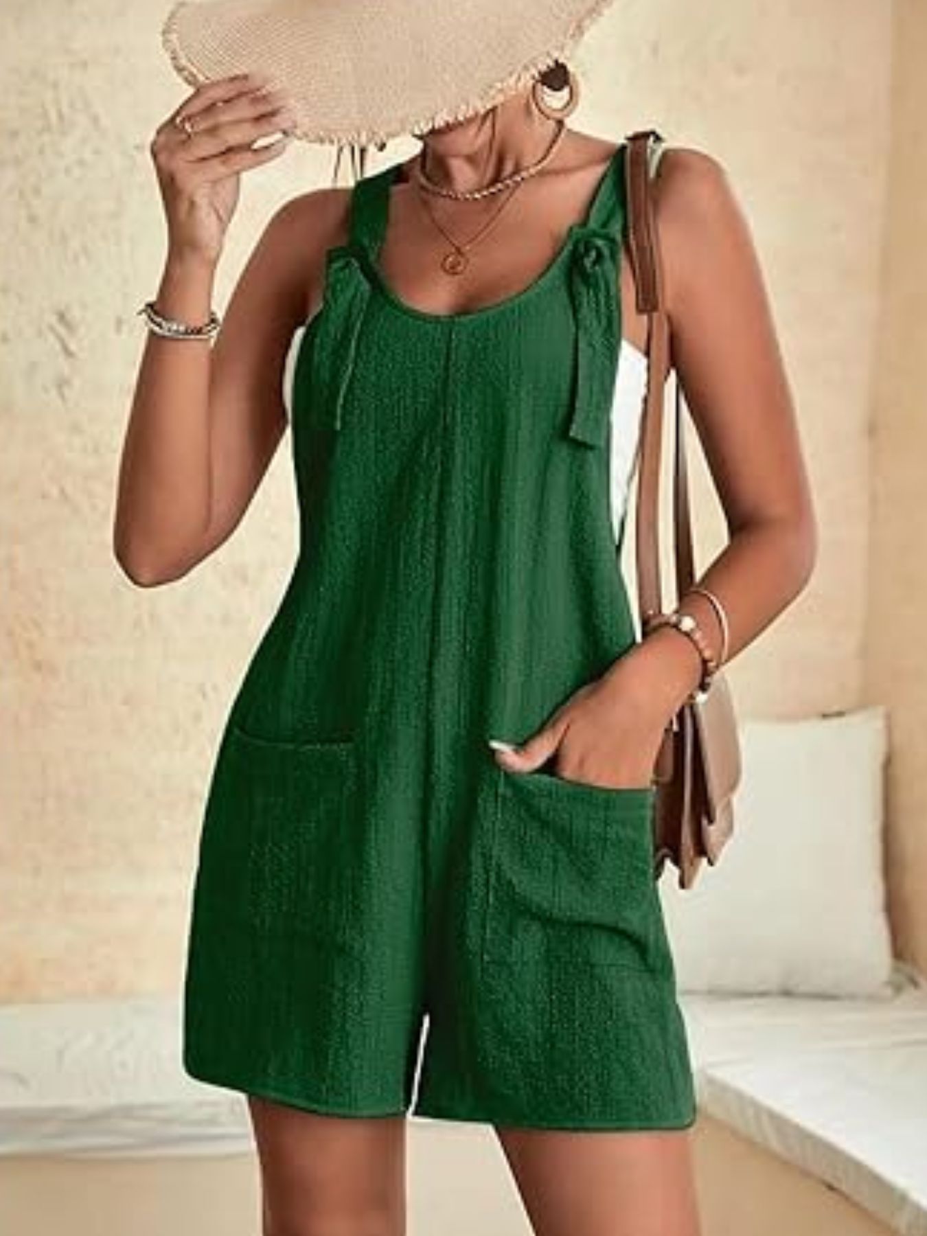 Full Size Knot Strap Romper with Pockets Plus Size