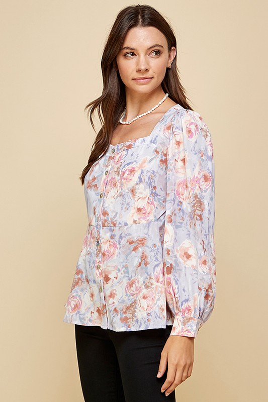 Floral Sweetheart Neckline Button Down Blouse