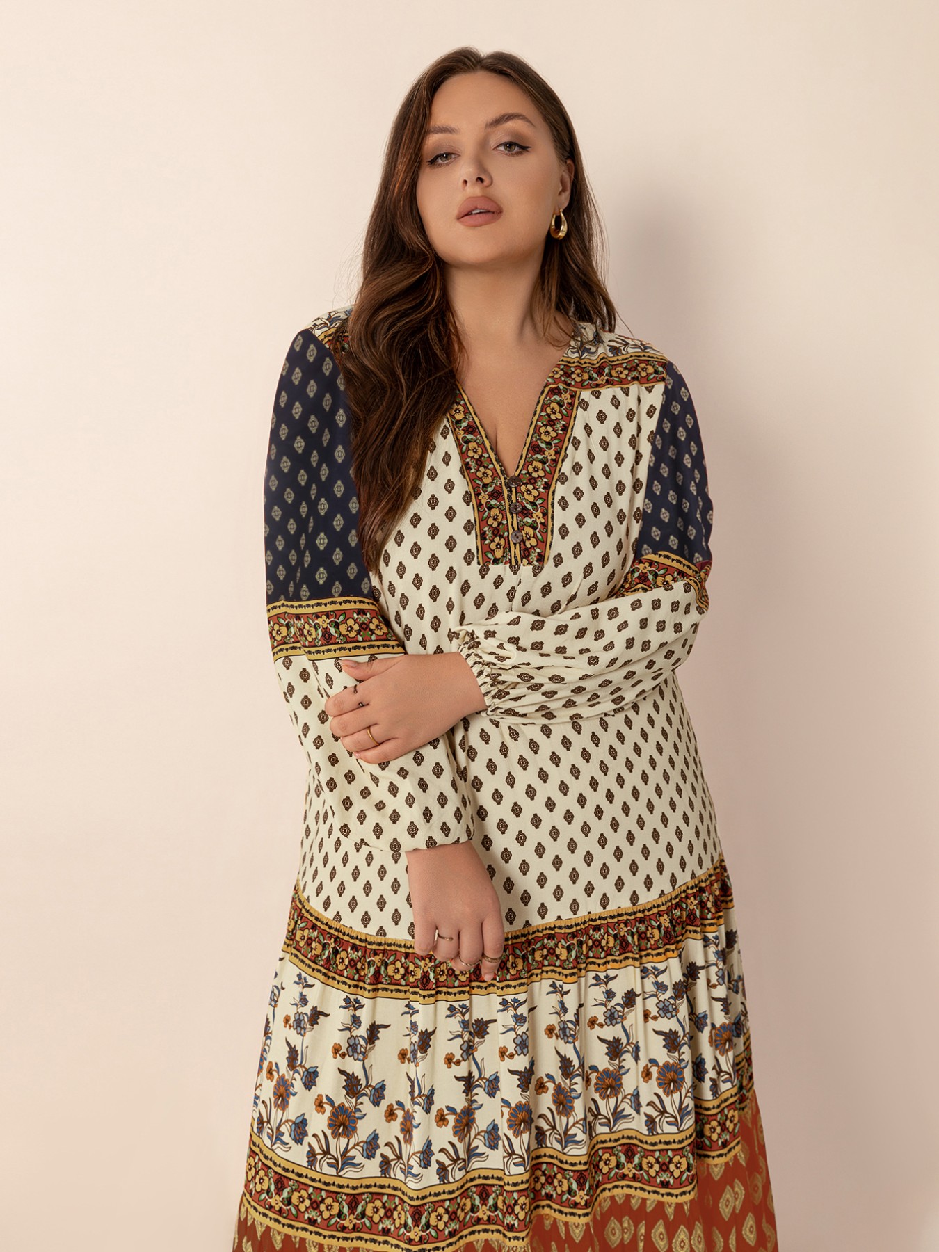 Plus Size Notched Balloon Sleeve Maxi Dress