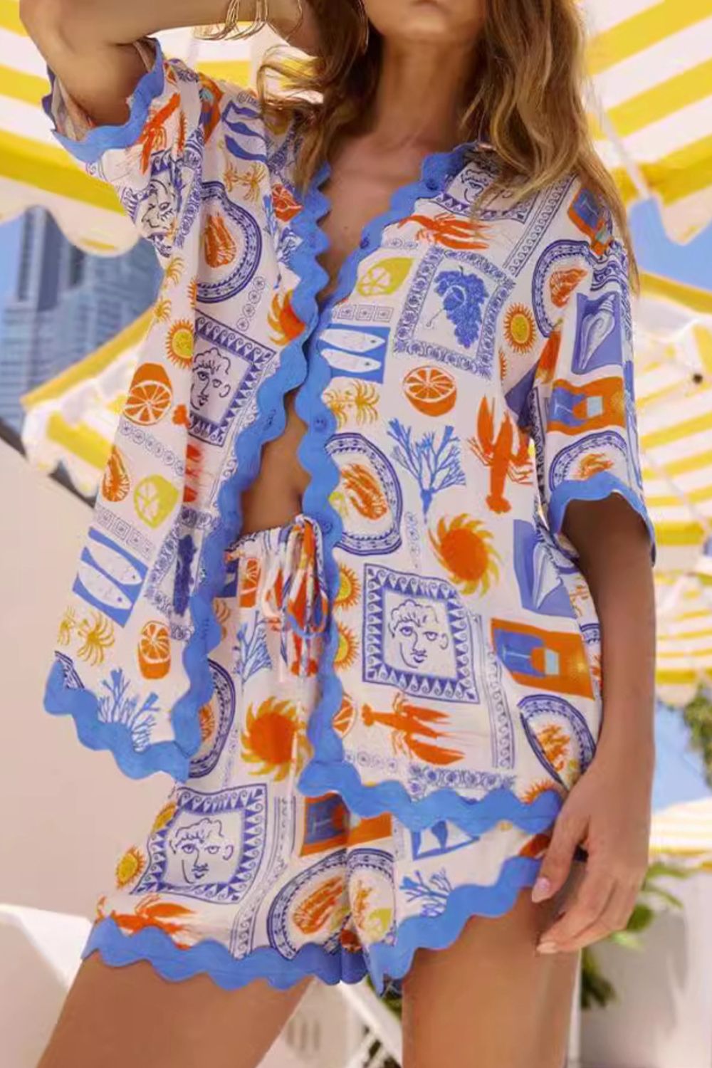 Bohemian Print Button Up Shirt and Shorts Set