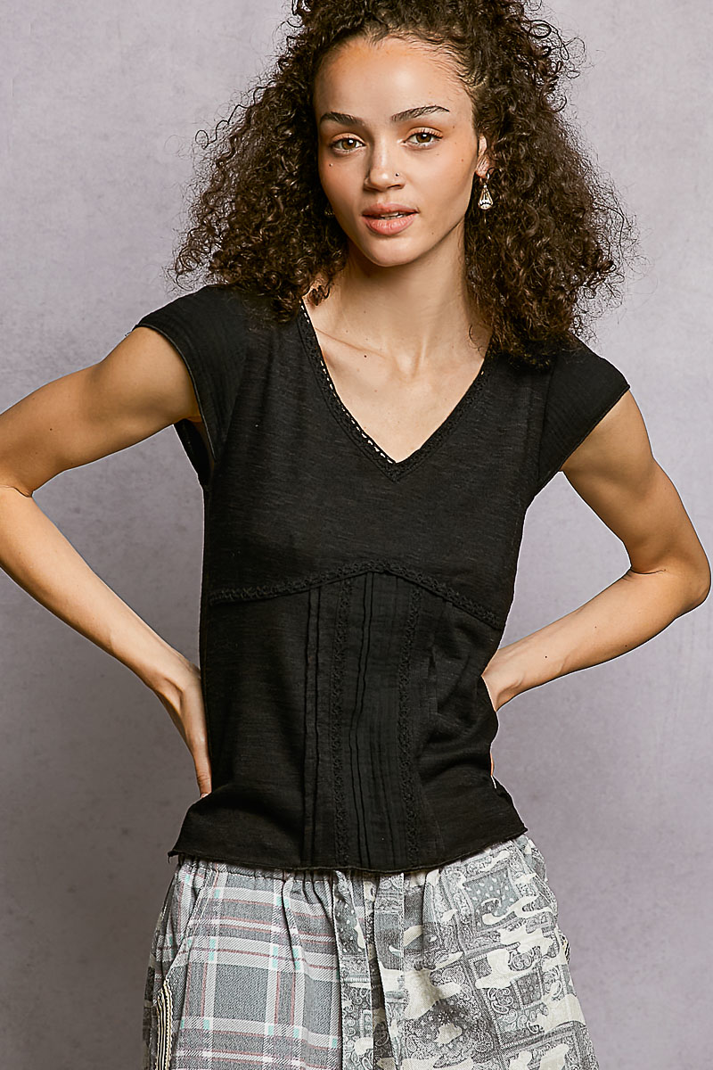 V-Neck Lightweight Textured Short Sleeve Knit Top with Lace Trim