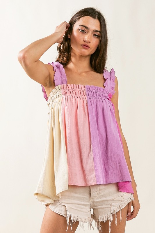 Frill Shoulder Strap Color Block Bodice Top