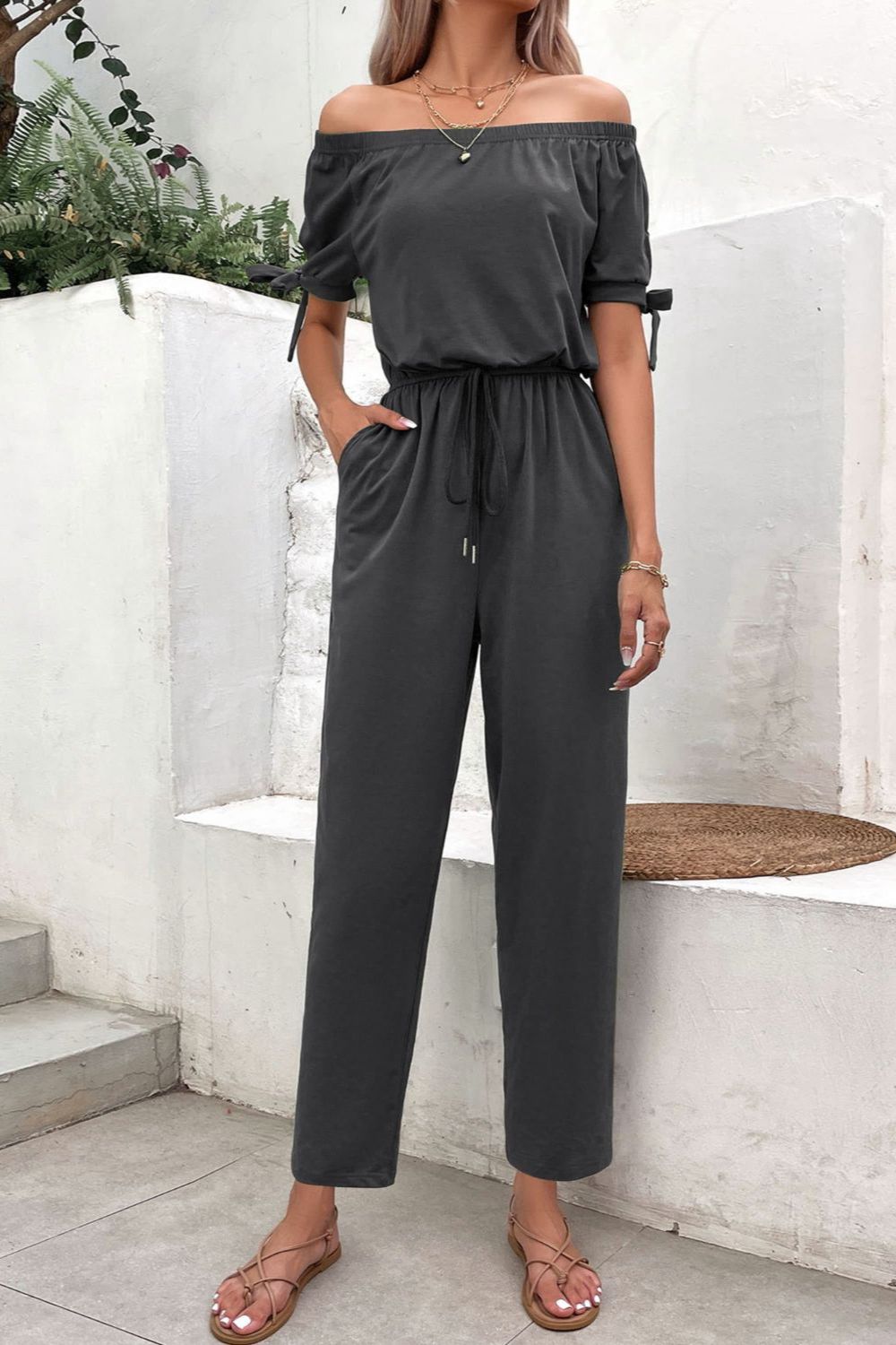Off-Shoulder Tie Cuff Jumpsuit with Pockets