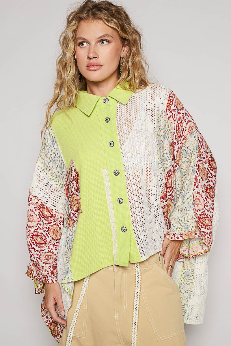 Thermal and Crochet Lace Mix Shirt with Floral Pattern