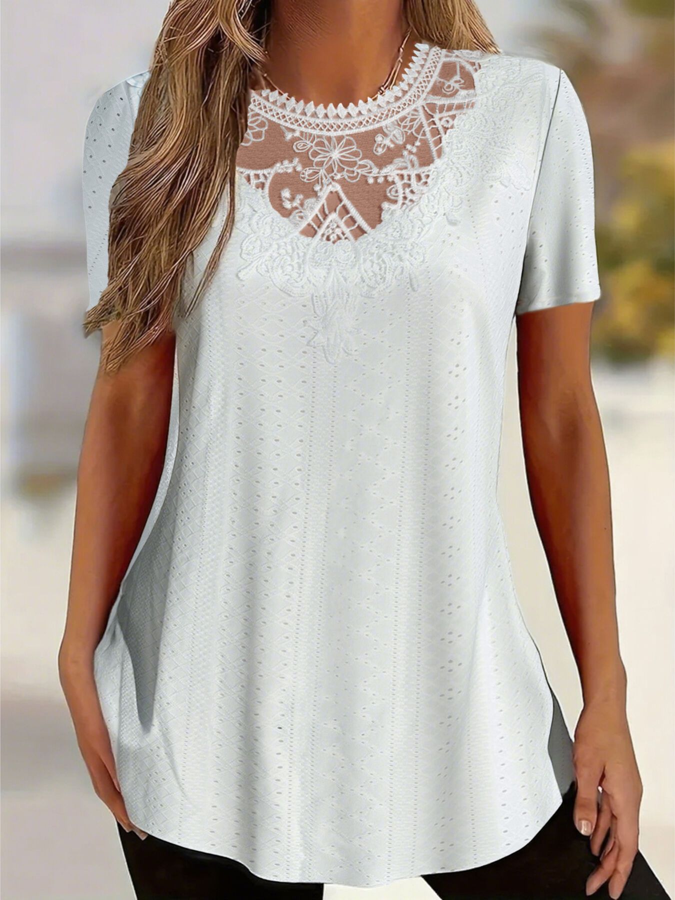 Lace Detail Eyelet Short Sleeve Top