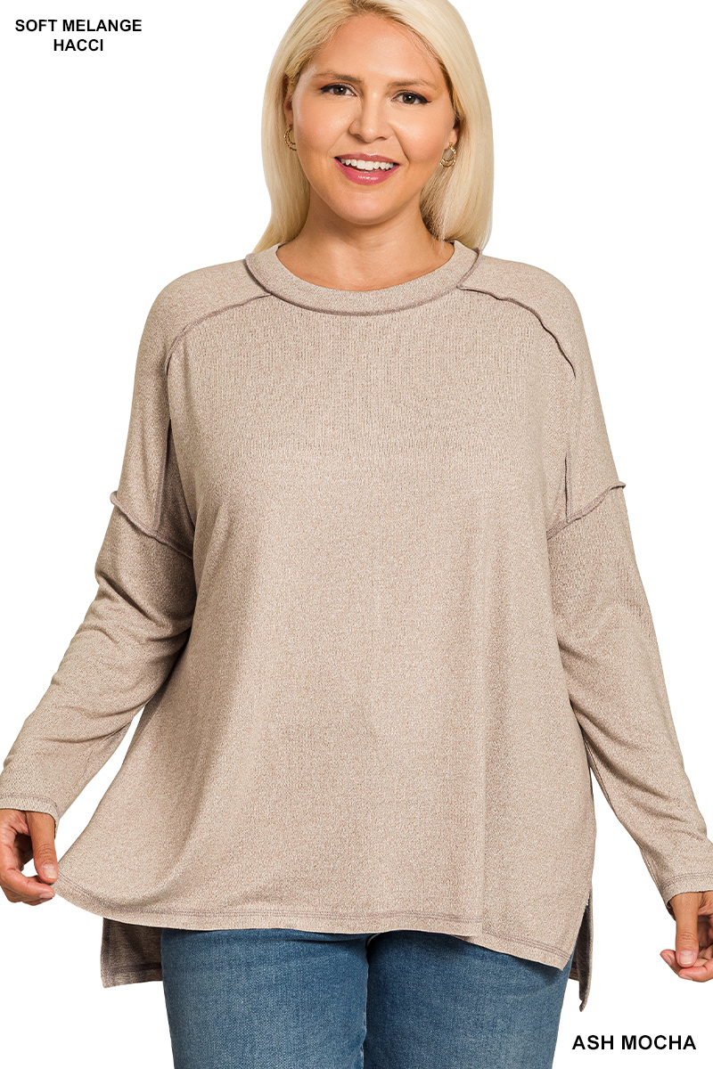 Full Size Melange Hacci Exposed Seam Hi-low Tee Plus Size