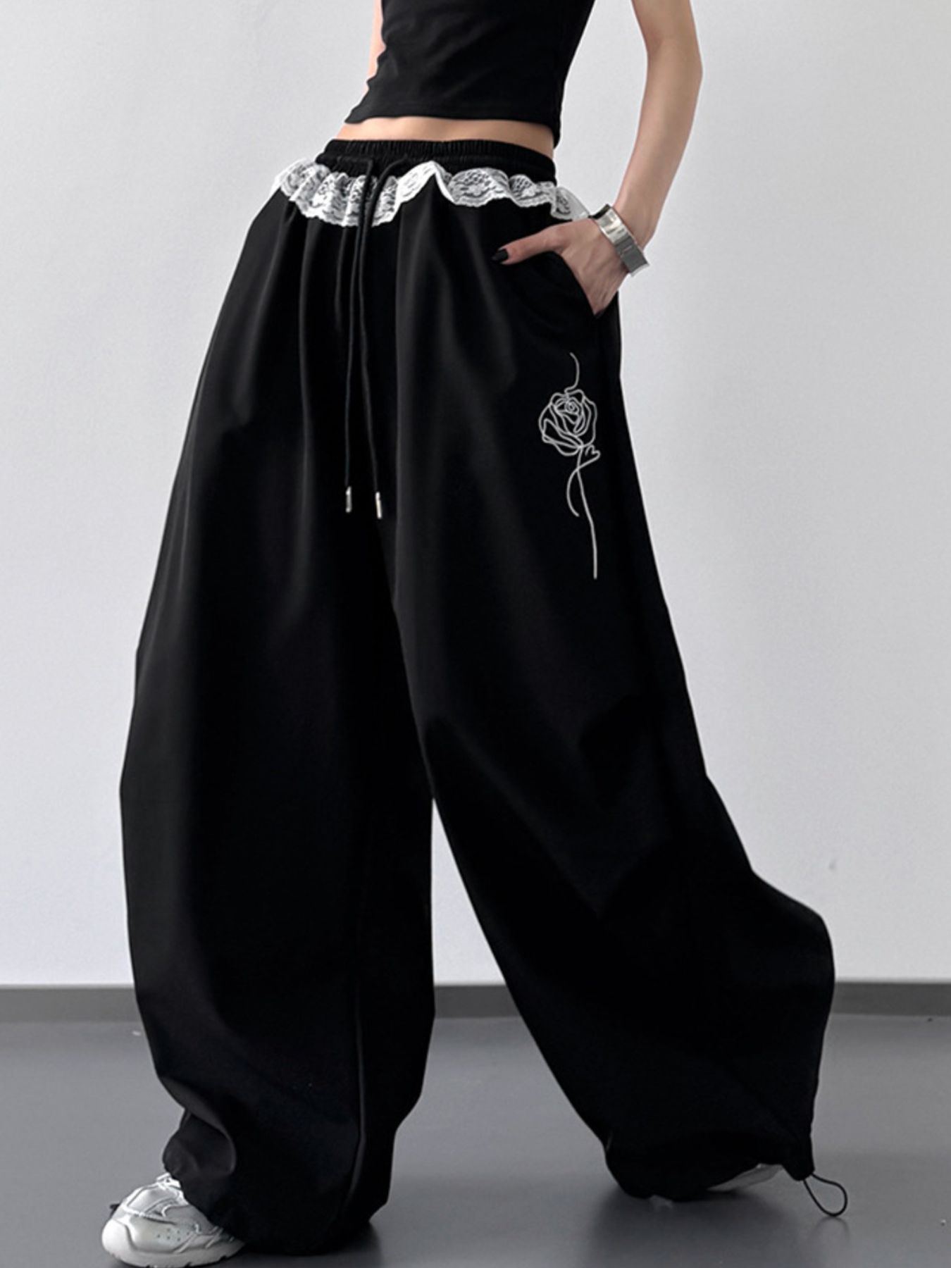 Drawstring Lace Detail Wide Leg Pants