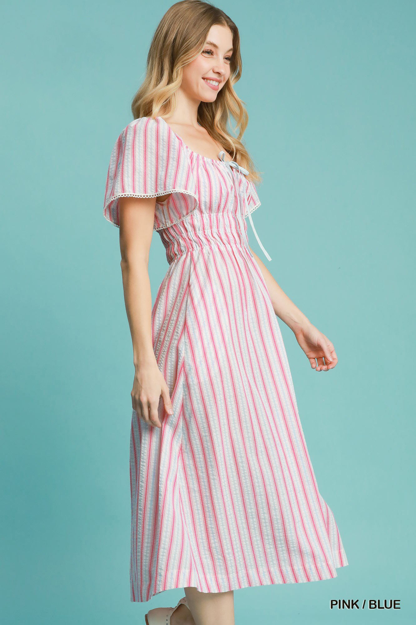 Umgee Smocked Striped Short Sleeve Midi Dress