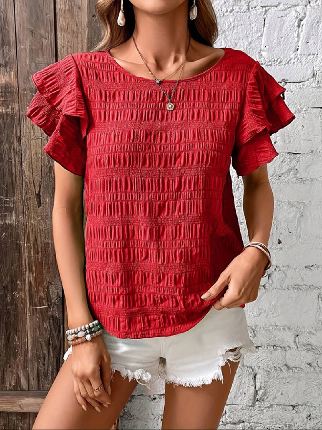Round Neck Ruffled Short Sleeve Top