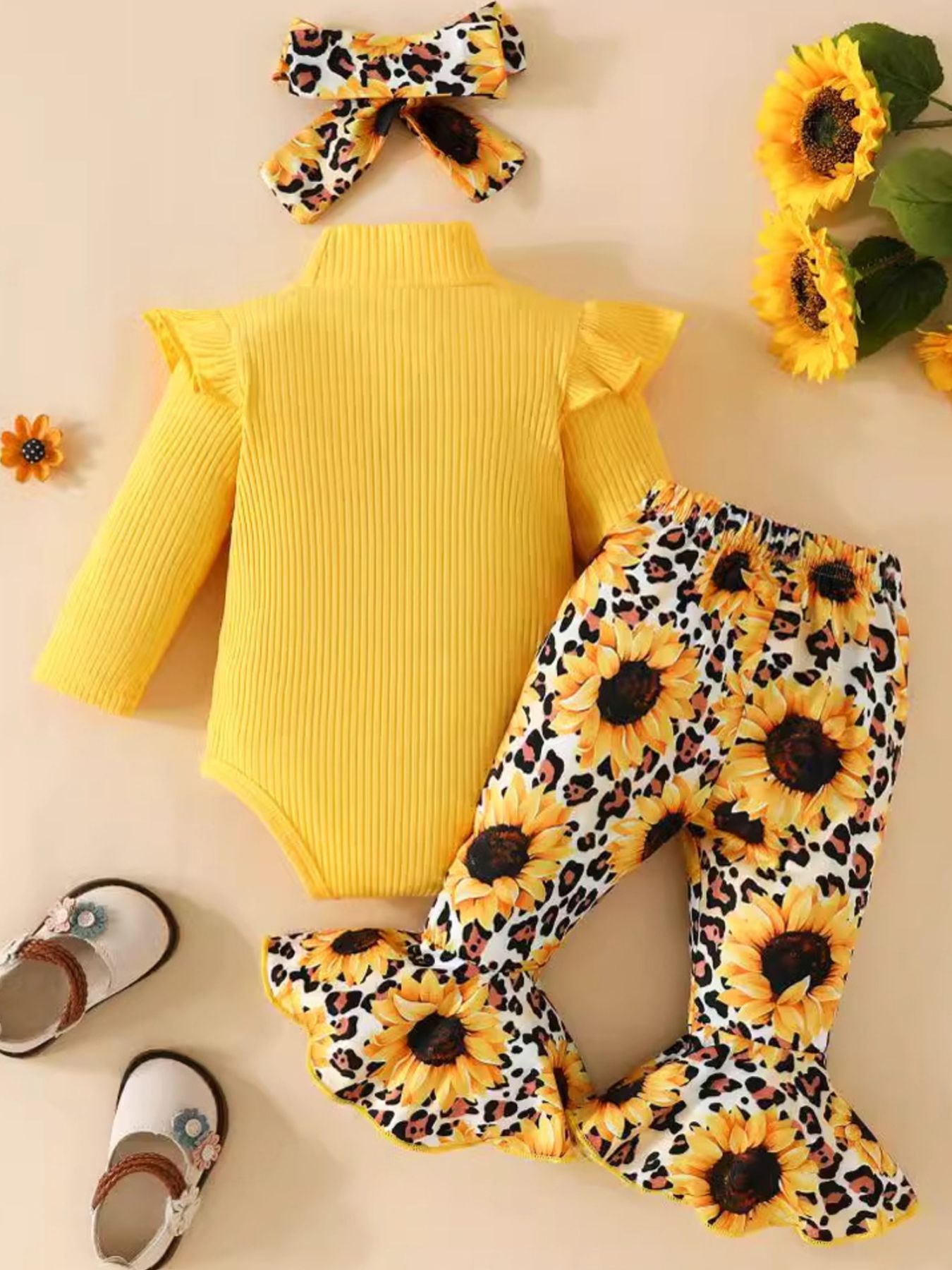 Children's Ruffled Bodysuit and Sunflower Pants Set