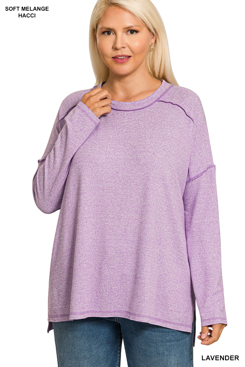 Full Size Melange Hacci Exposed Seam Hi-low Tee Plus Size