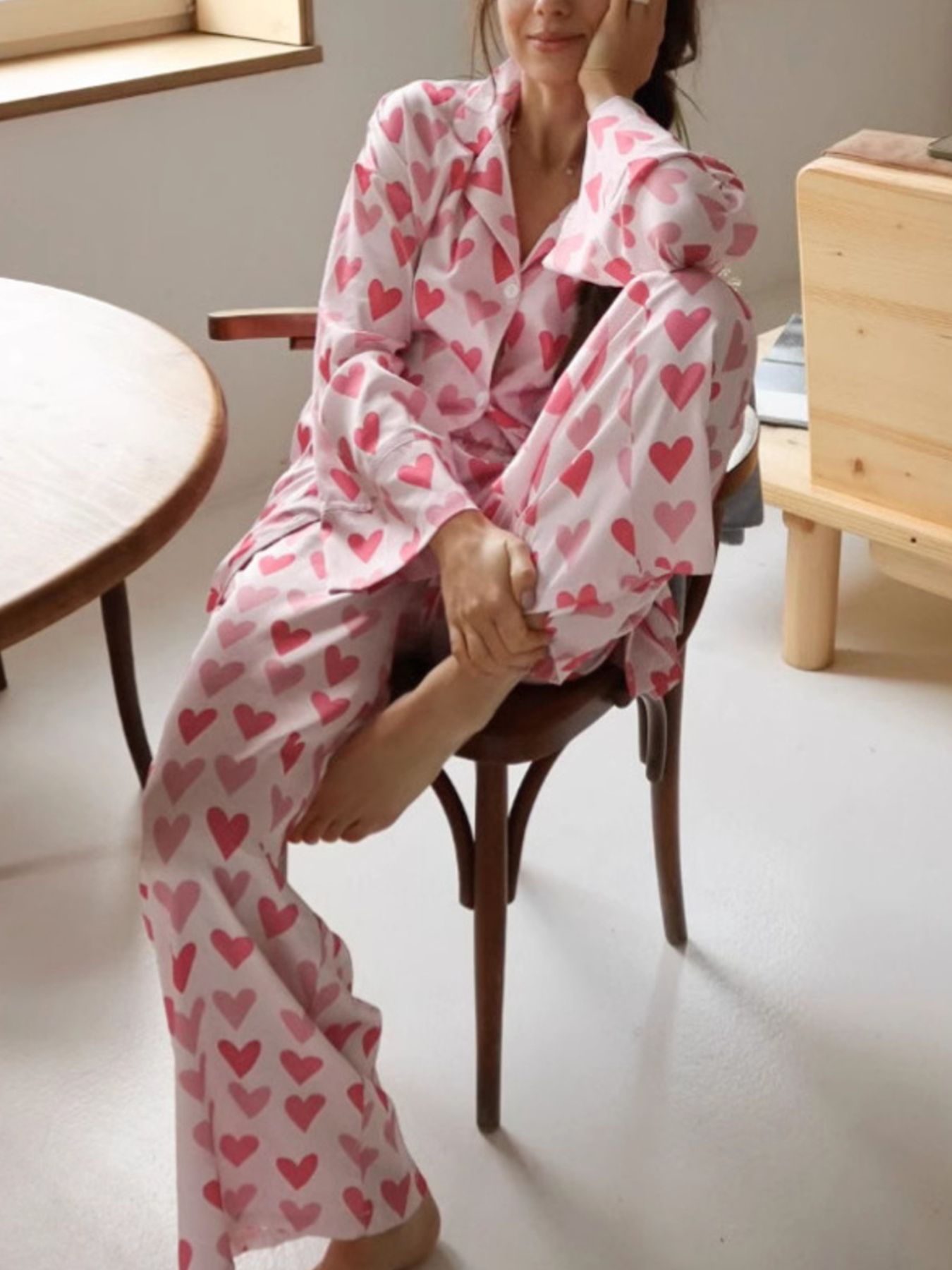 Heart Print Button Up Top and Pants Lounge Set