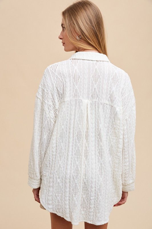Openwork Button Down Drop Shoulder Shirt