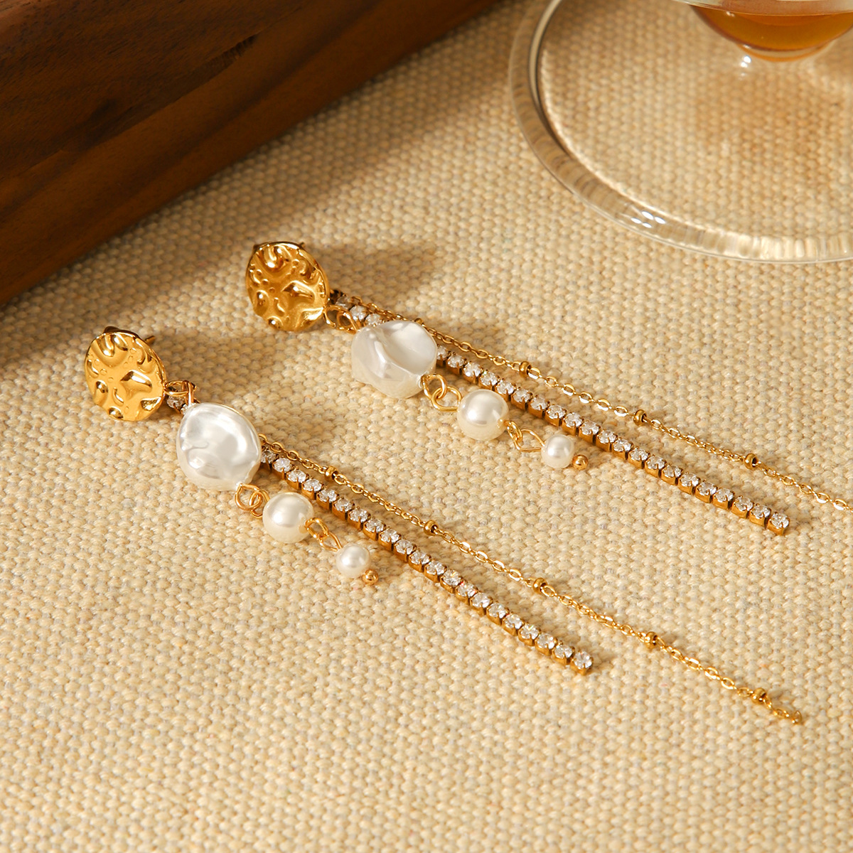 18K Gold-Plated Zircon Pearl Chain Earrings