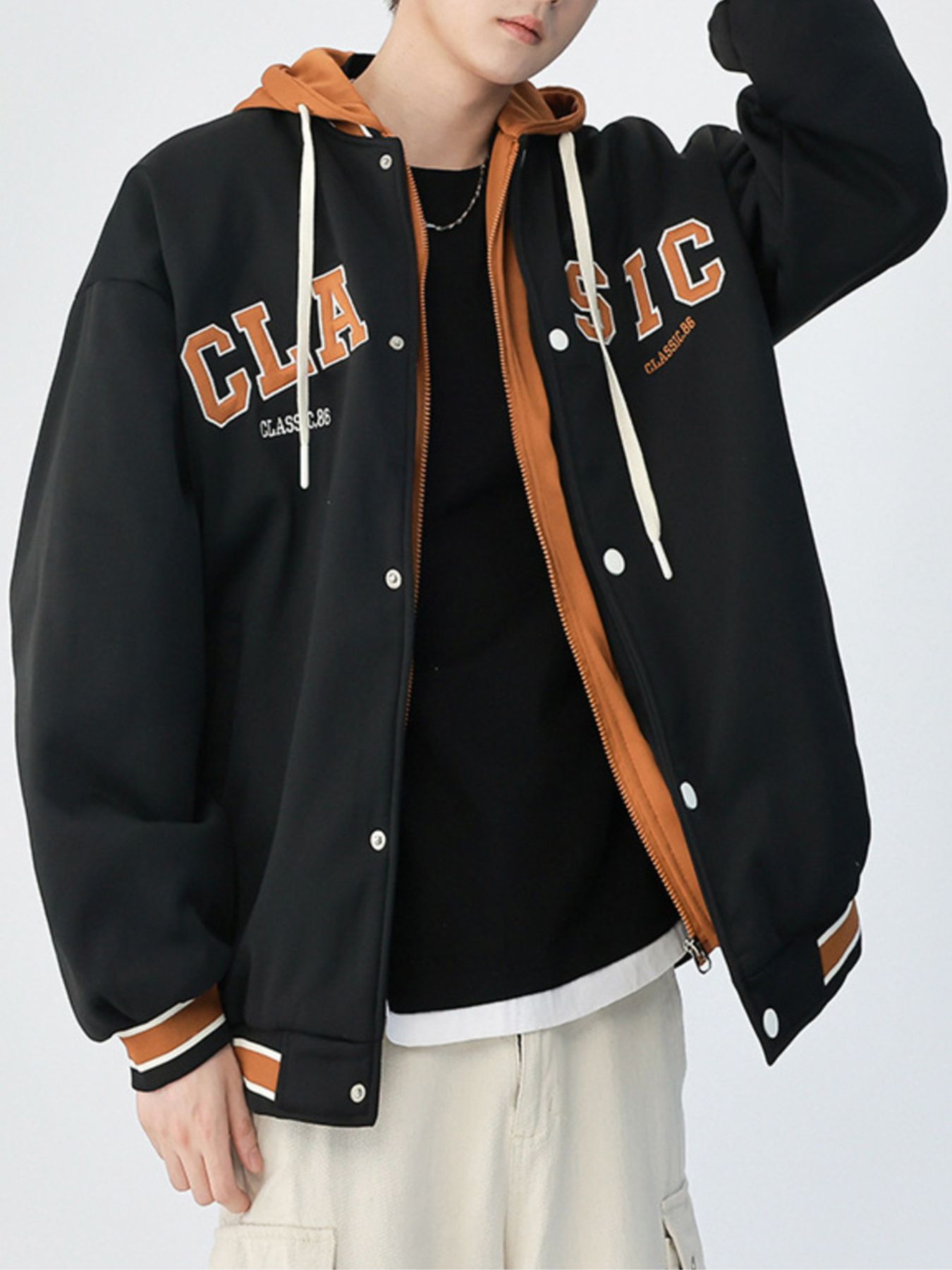 Men's Plus Size Snap Down Long Sleeve Drawstring Hooded Jacket