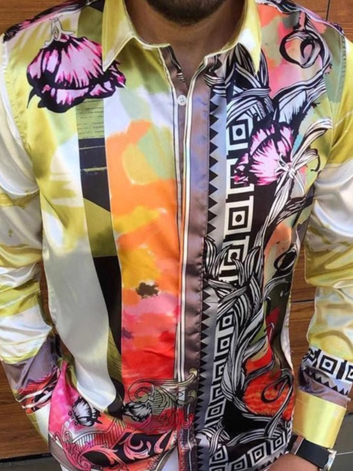 Men's Plus Size Printed Button Up Long Sleeve Shirt