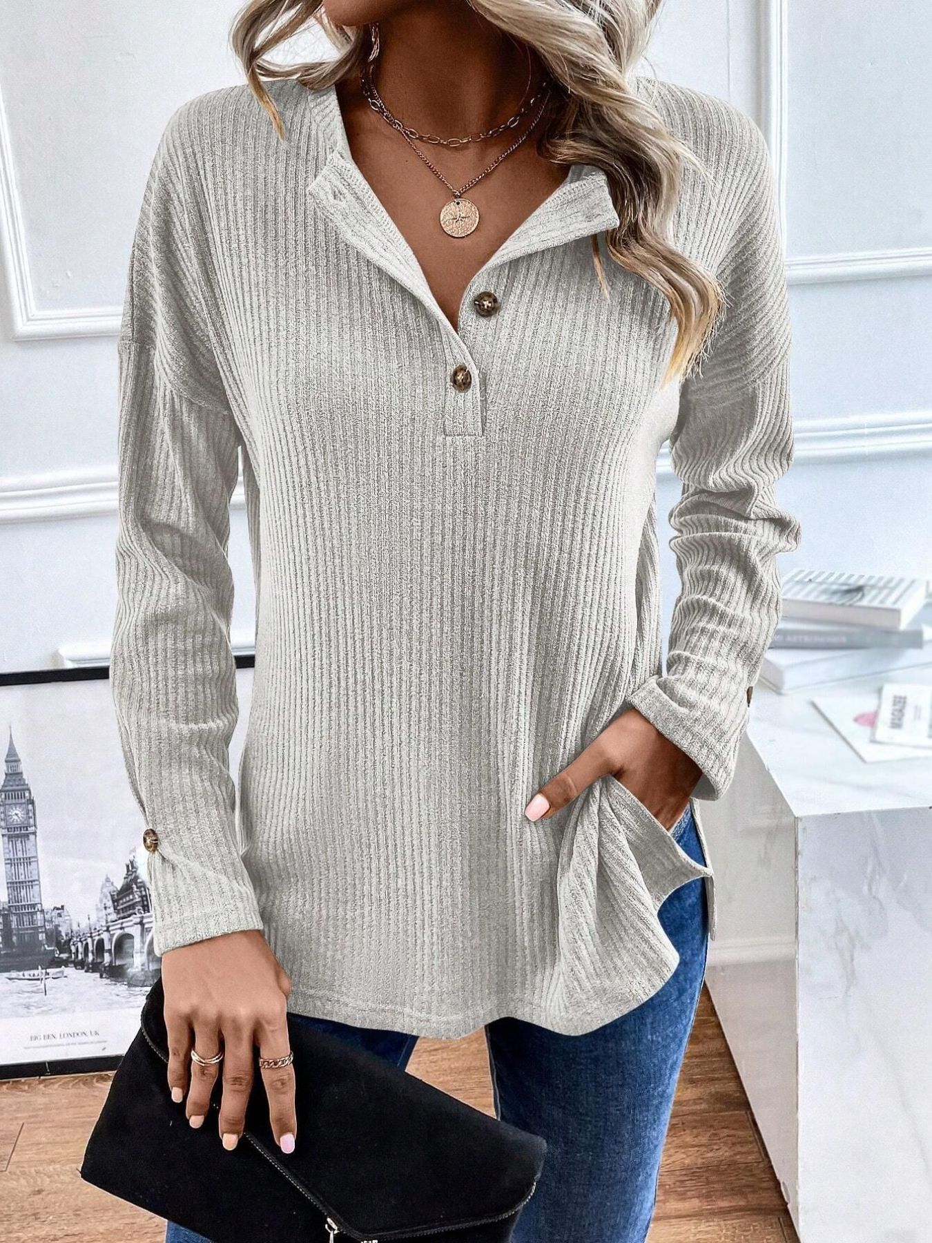 Ribbed Knit Button Detail Long Sleeve T-Shirt