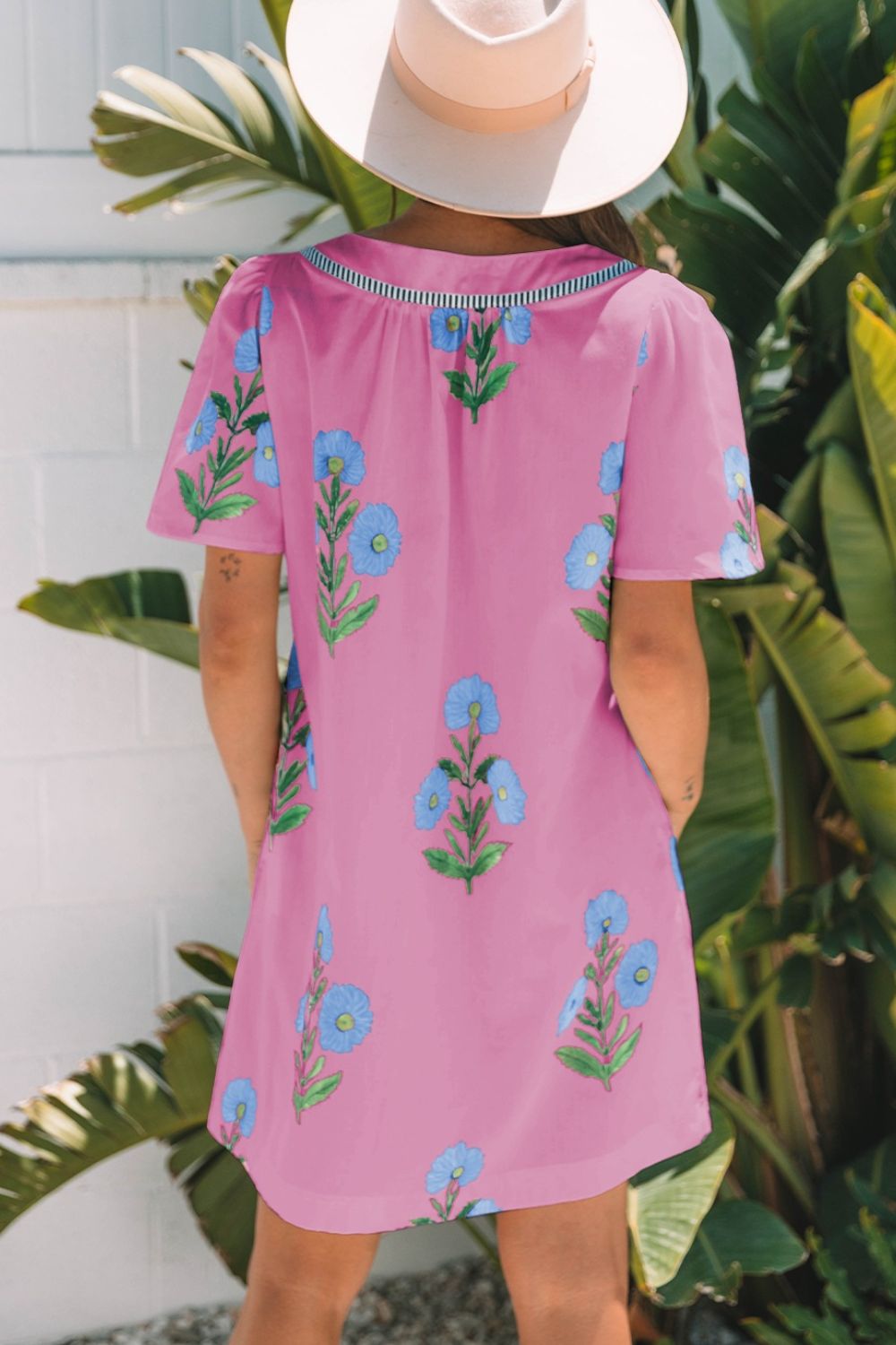 Floral Notched Summer Mini Dress with Striped Trim