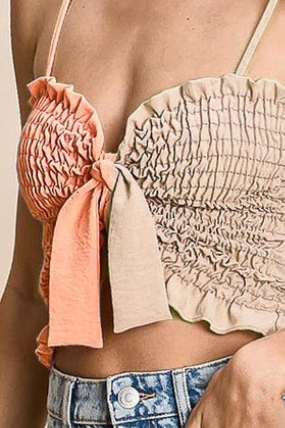 Woven Color Block Smocked with Ribbon Bra Top