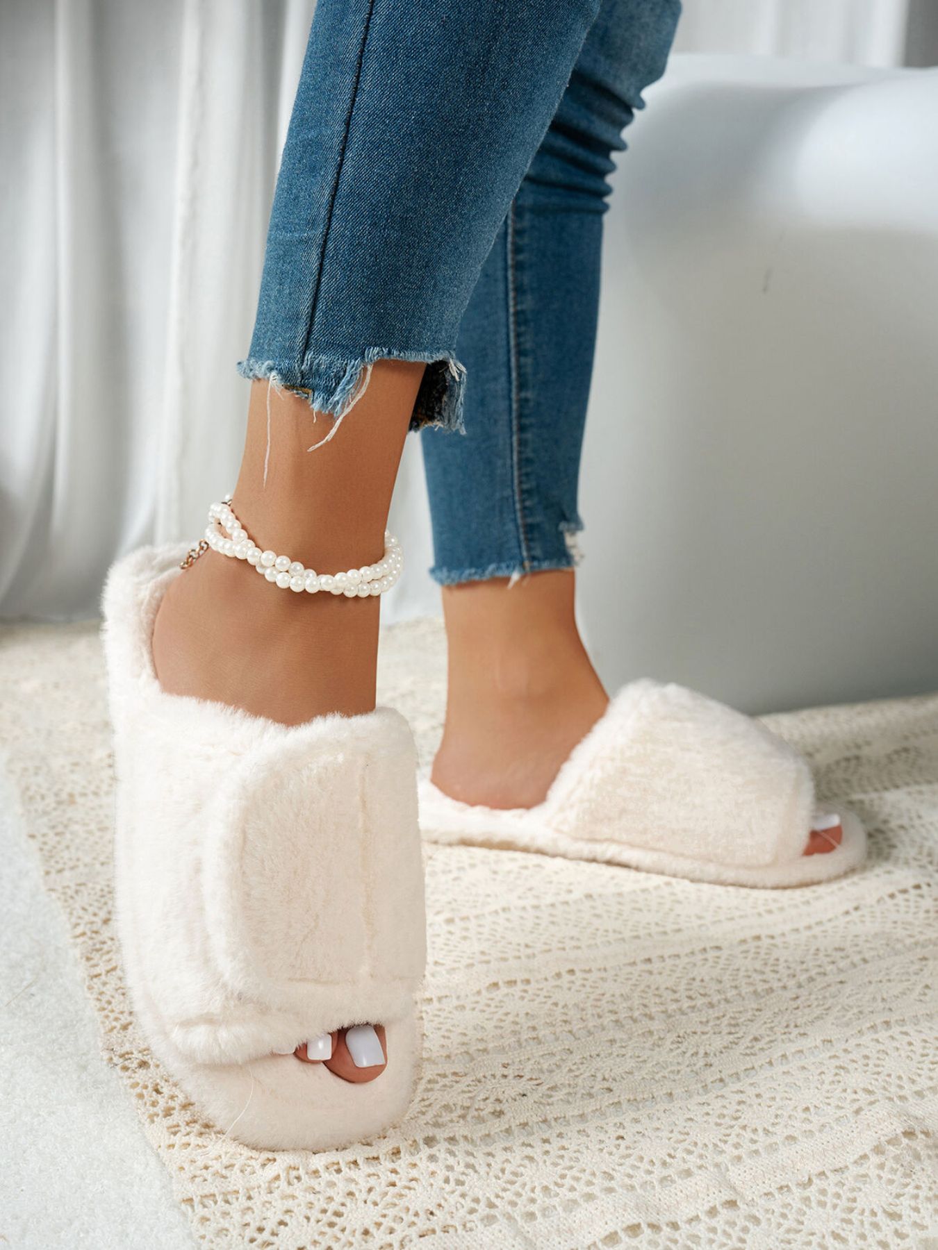 Fuzzy Open Toe Flats Slippers
