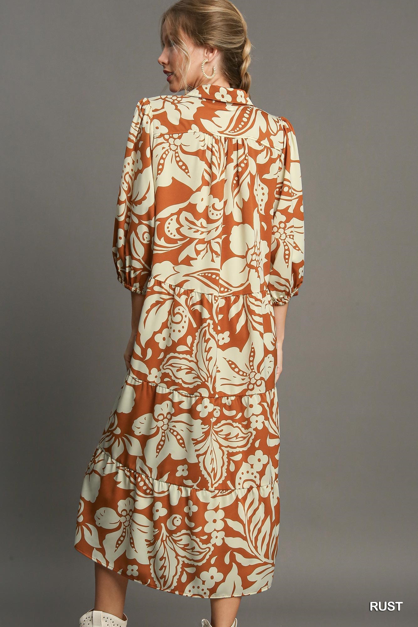 Umgee Full Size Floral Tiered Midi Shirt Dress Plus Size