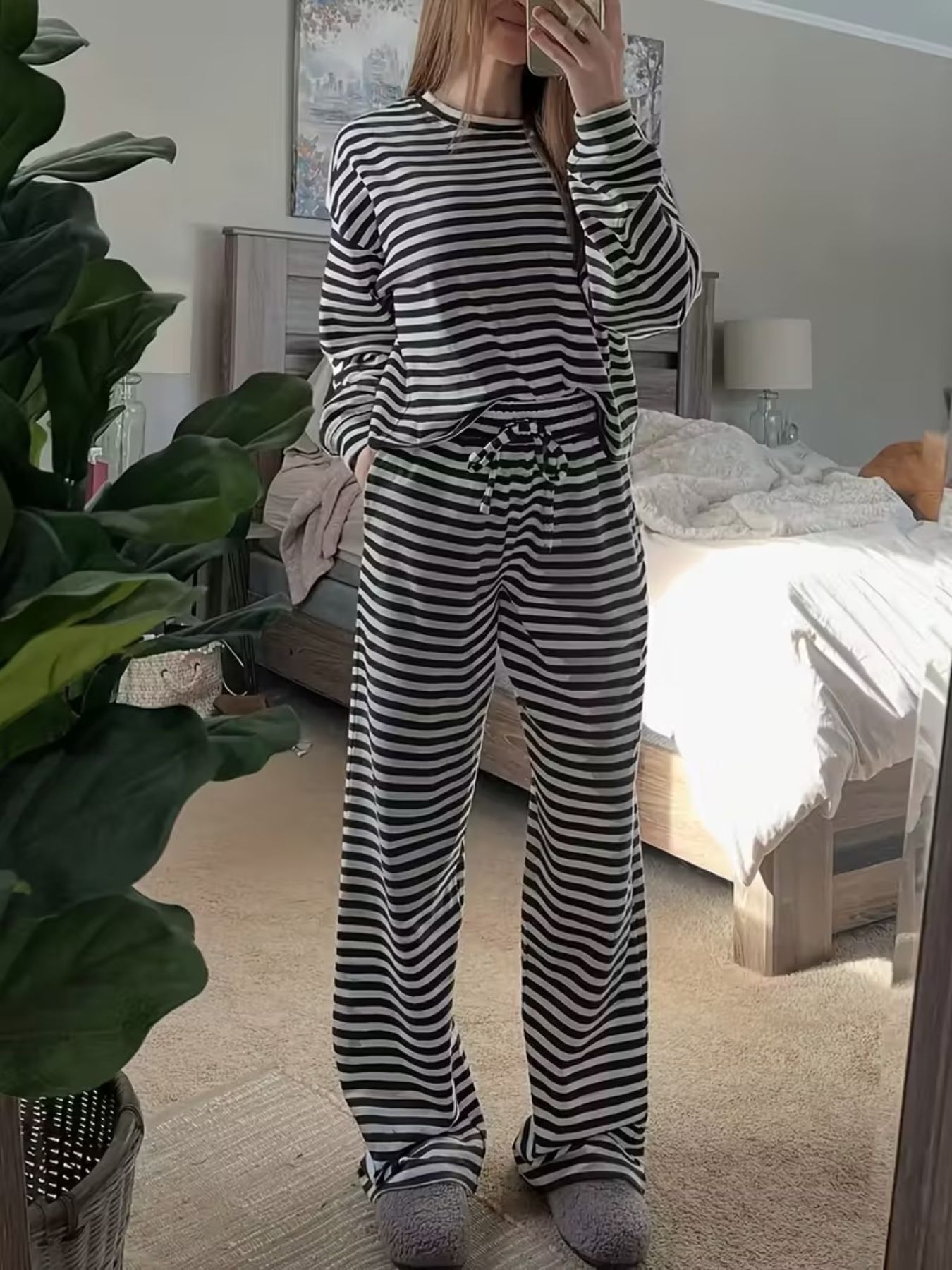 Striped Round Neck Top and Pants Set