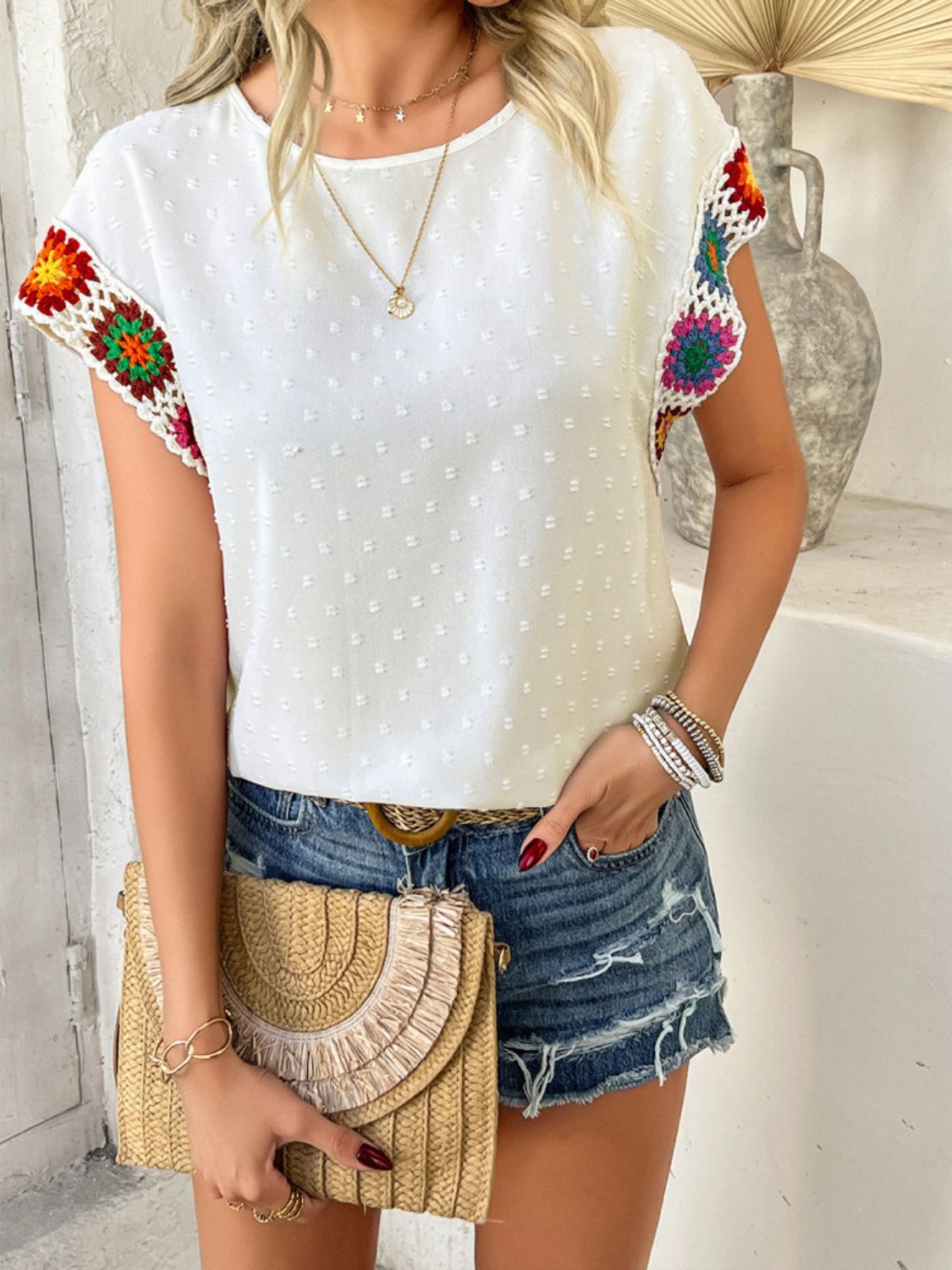 Swiss Dot Round Neck Crochet Short Sleeve Top