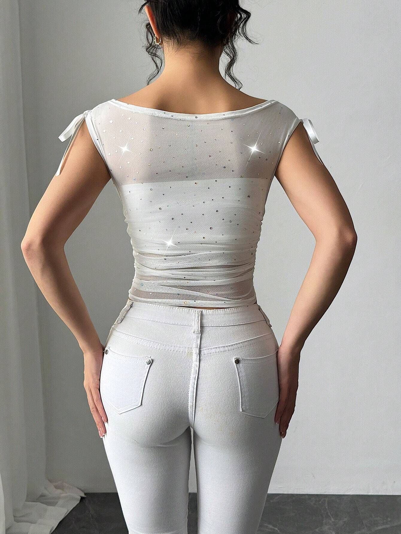 Glitter Stars Sheer Mesh Ruched Crop Top