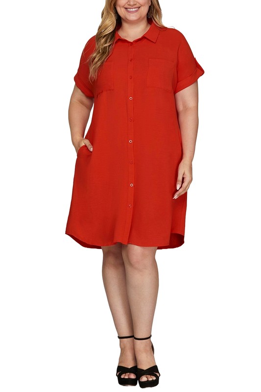 Full Size Button Down Short Sleeve Woven Shirt Dress Plus Size
