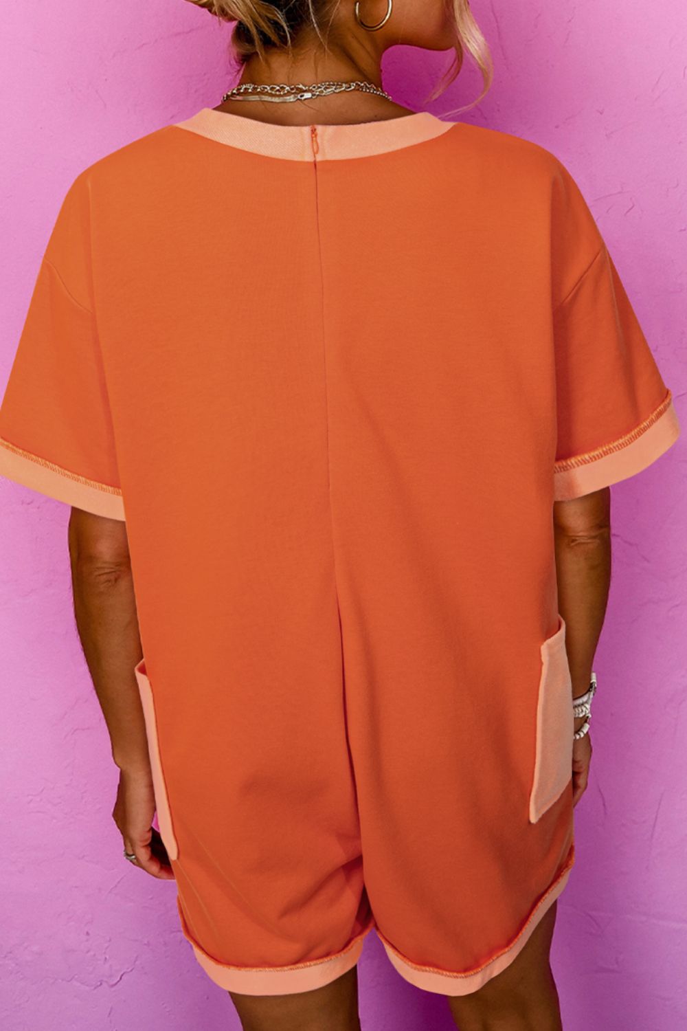 Two-Tone Short Sleeve V Neck Patched Pocket Romper