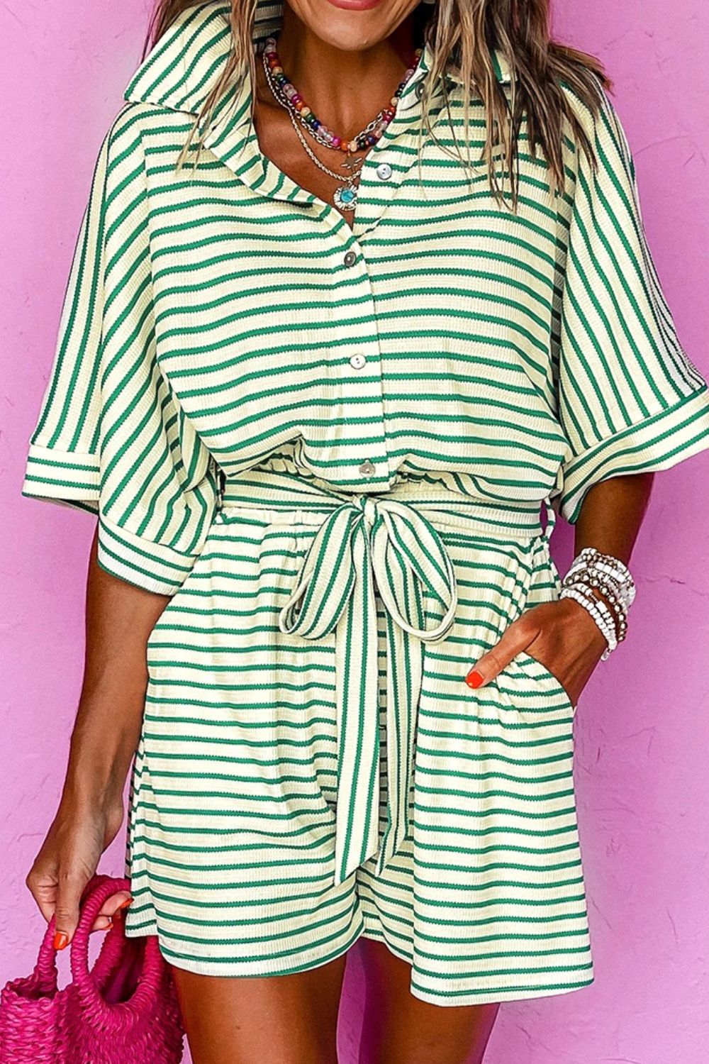 Striped Half Sleeve Tie Waist Romper