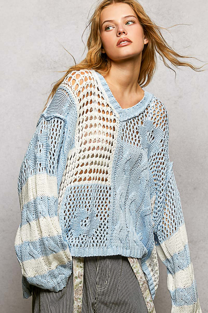 Color-Blocked Stripe Pattern Knit Top with Twisted Weave