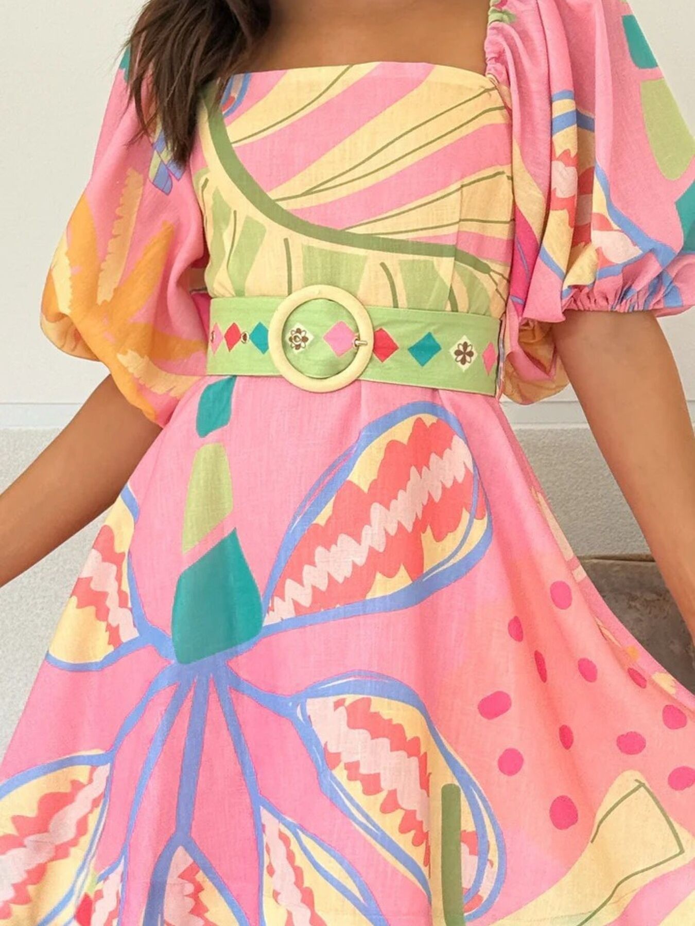 Colorful Print Belted Mini Dress with Puff Sleeves