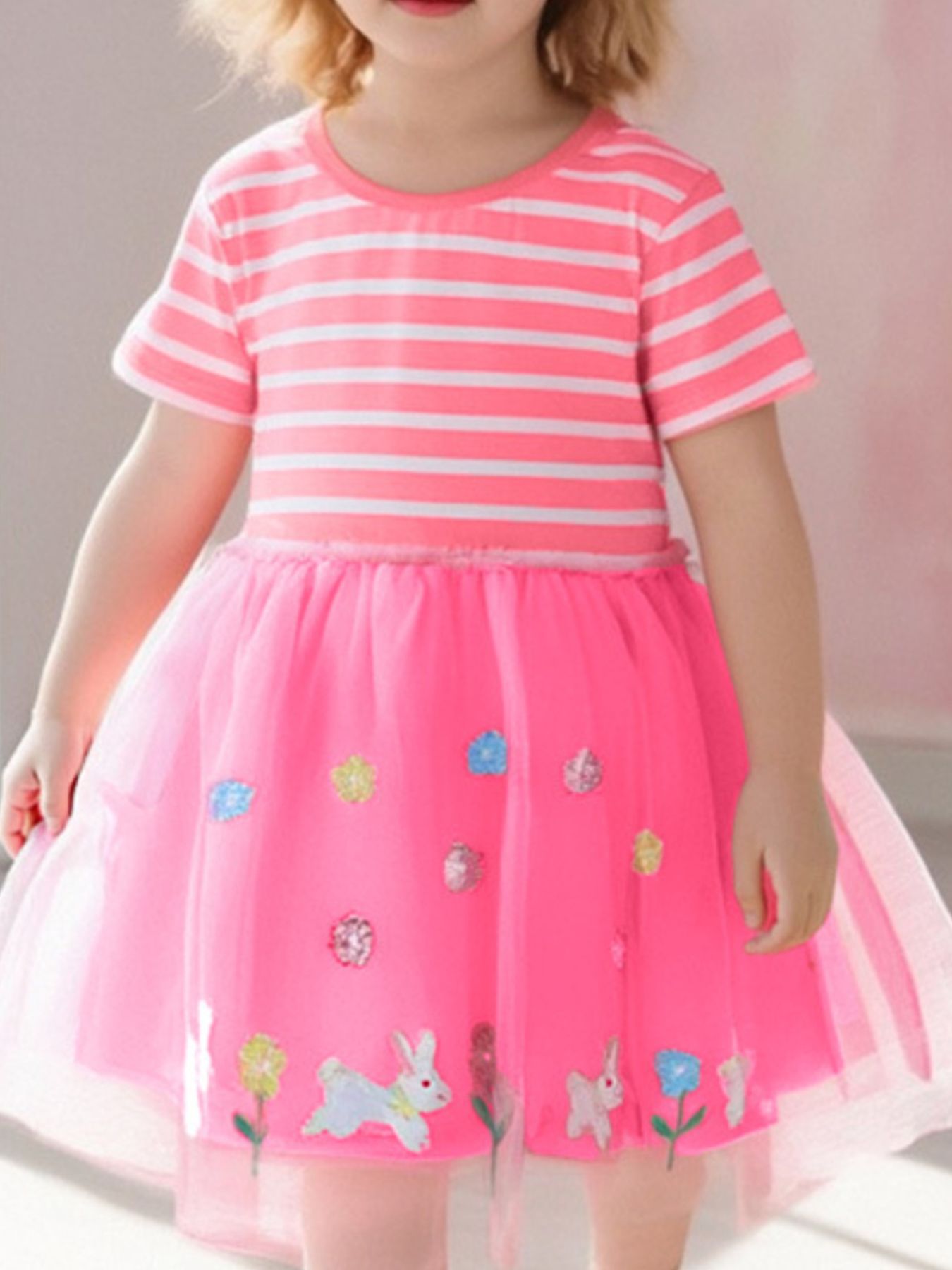 Children's Striped Tulle Dress with Bunny Applique 1