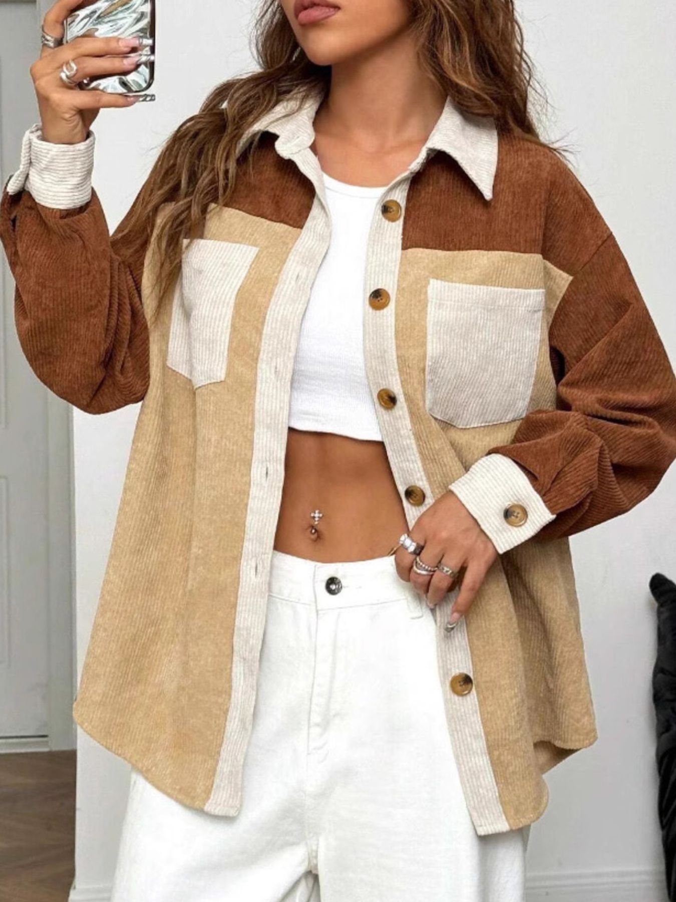 Color Block Corduroy Button-Up Jacket