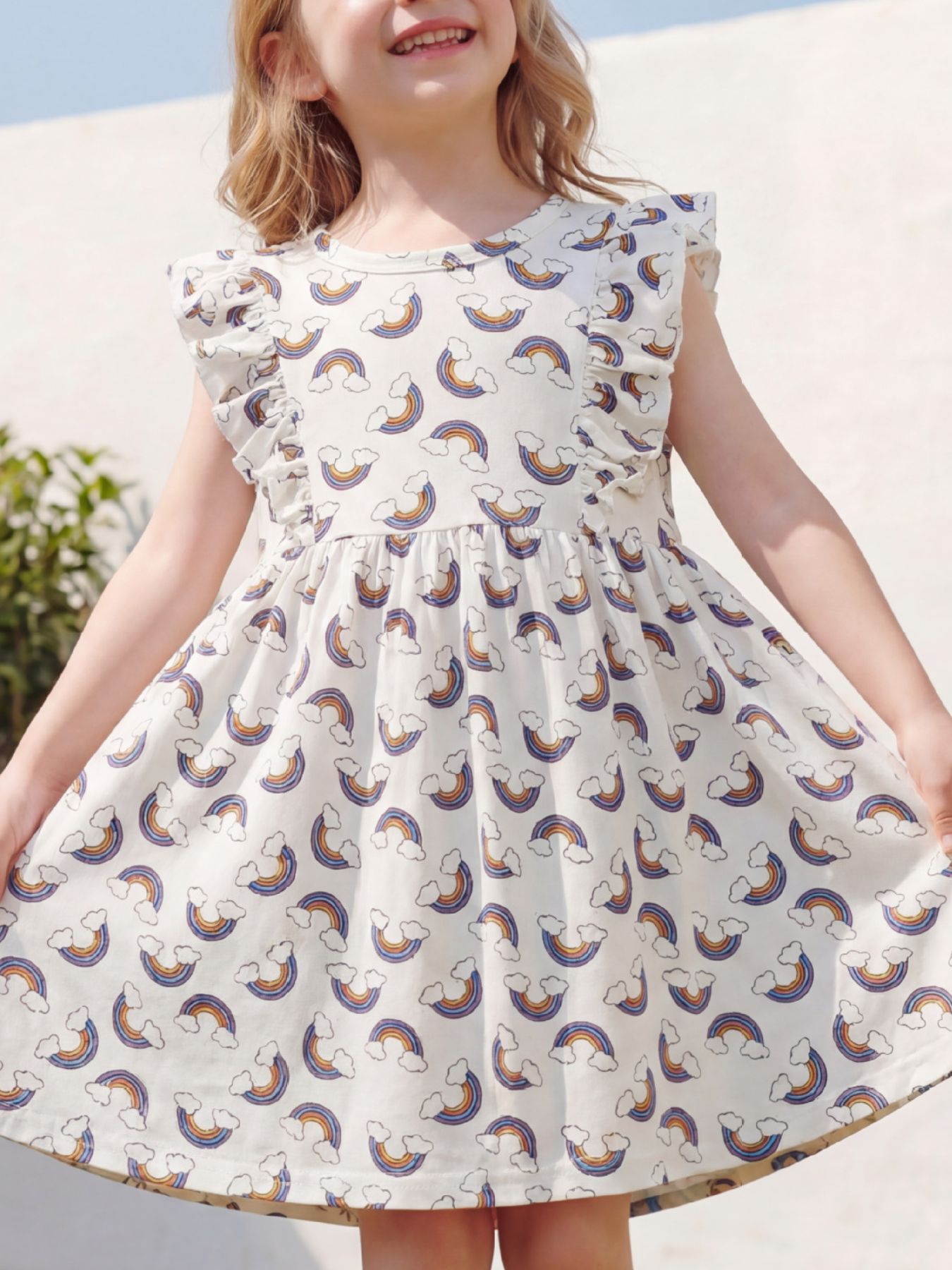 Children's Rainbow Print Ruffle Sleeve Dress 1