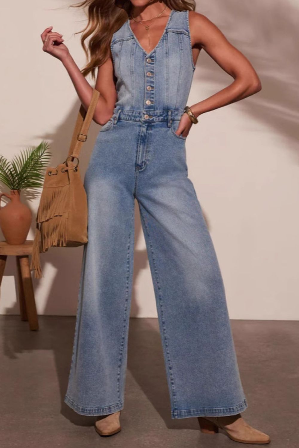 V-neck Wide Leg Denim Jumpsuit