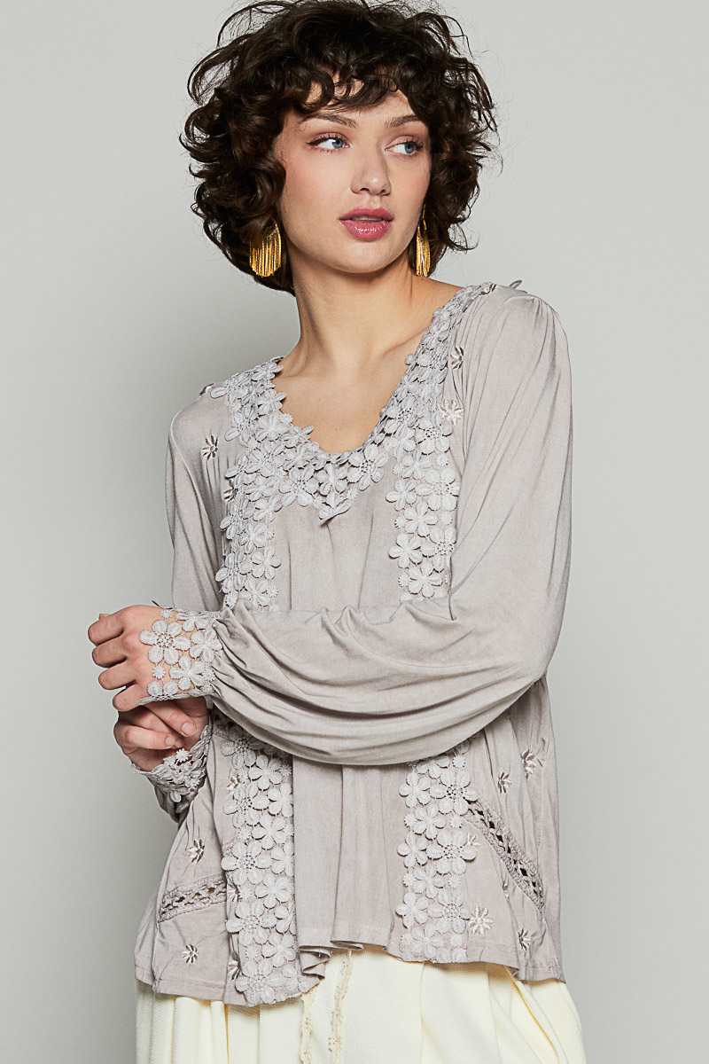 Floral Embroidery Woven Top with Lace Trim