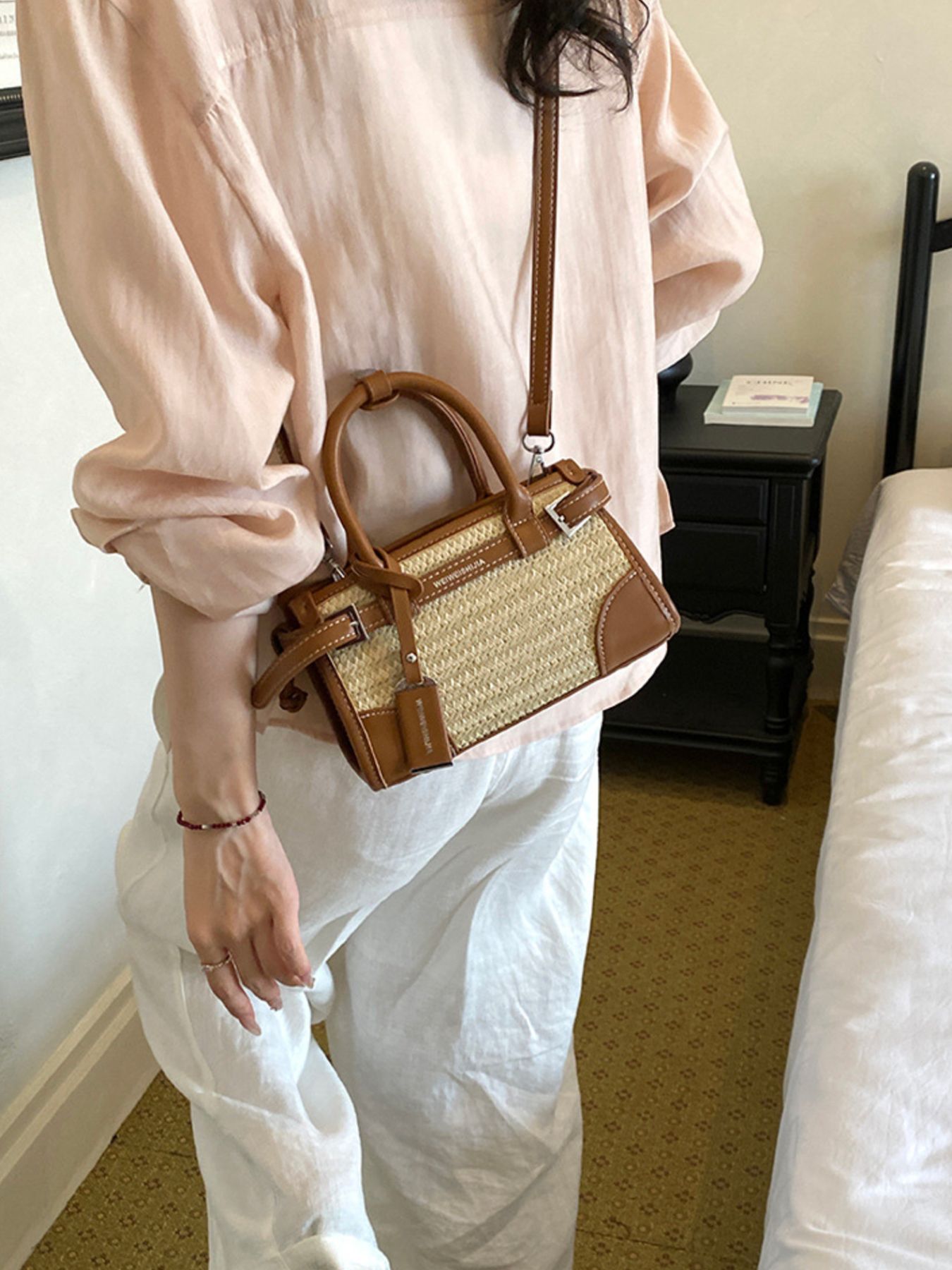 Leather Trim Woven Crossbody Bag