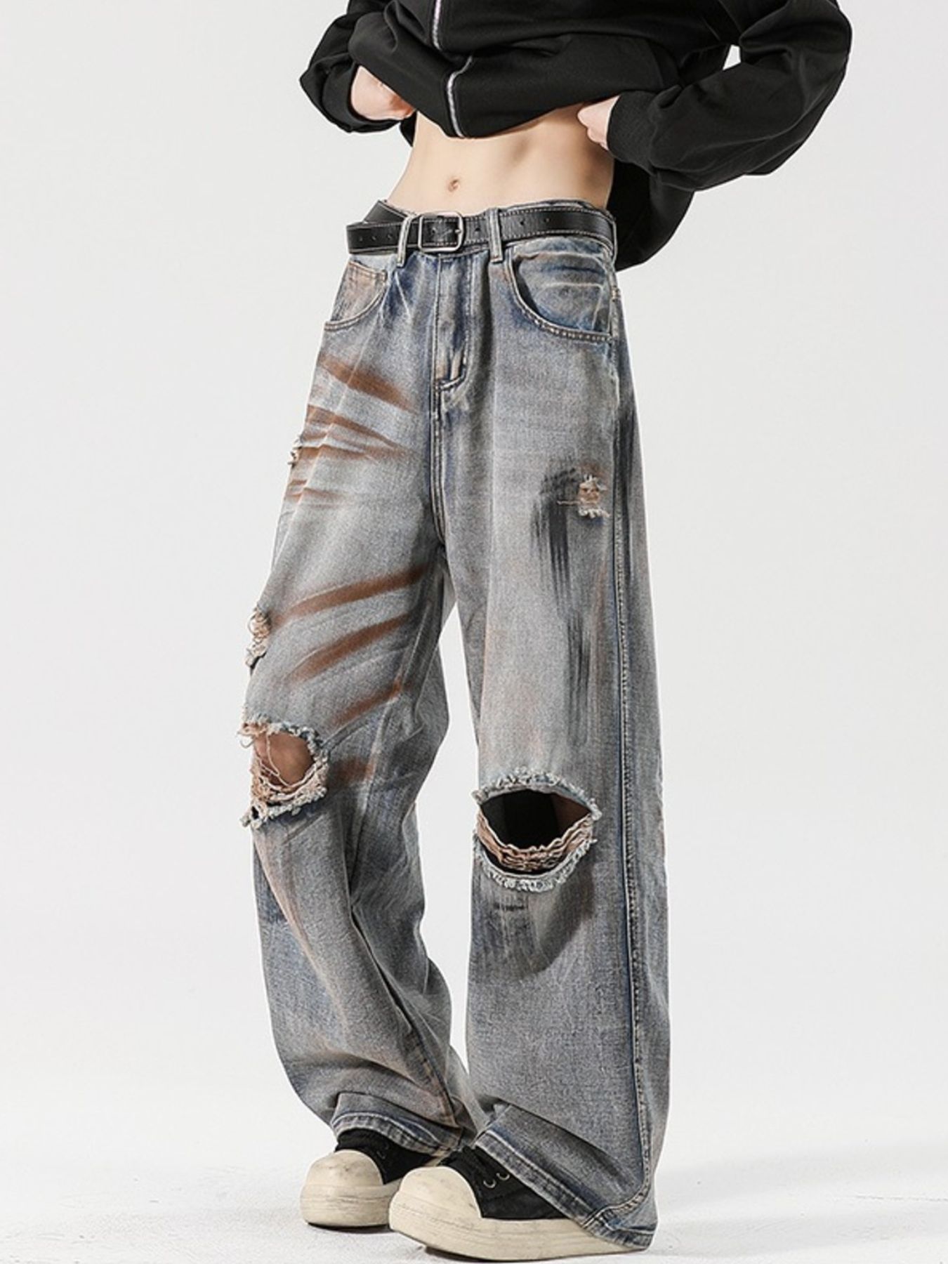 Men's Full Size Distressed Wide Leg Jeans Plus Size