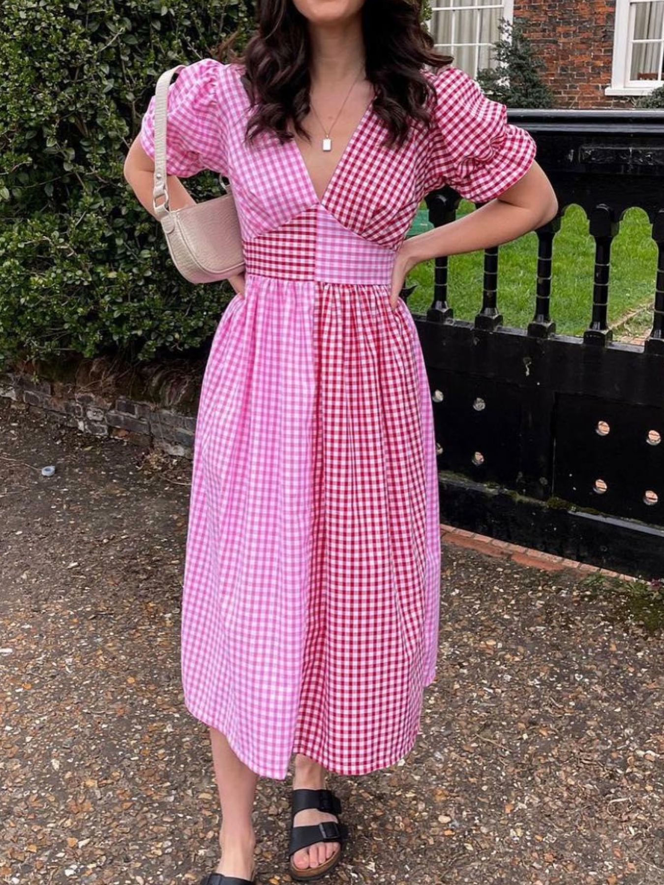 Plaid V-Neck Puff Sleeve Dress