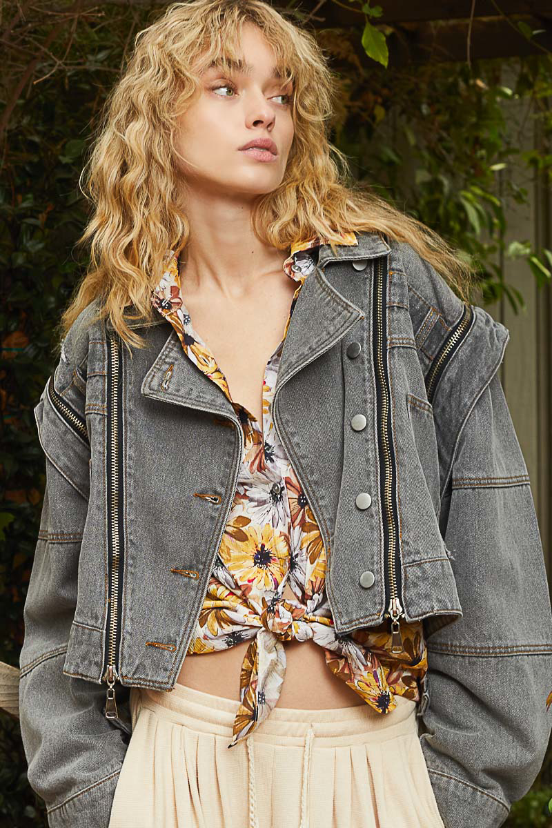 Cropped Denim Jacket with Functional Zipper Detail