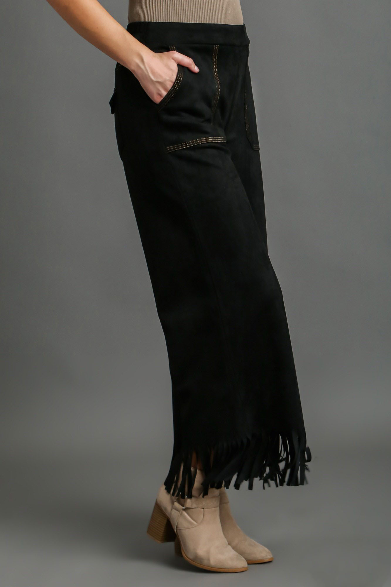 Umgee Full Size Suede Fringe Hem Wide Leg Pants Plus Size