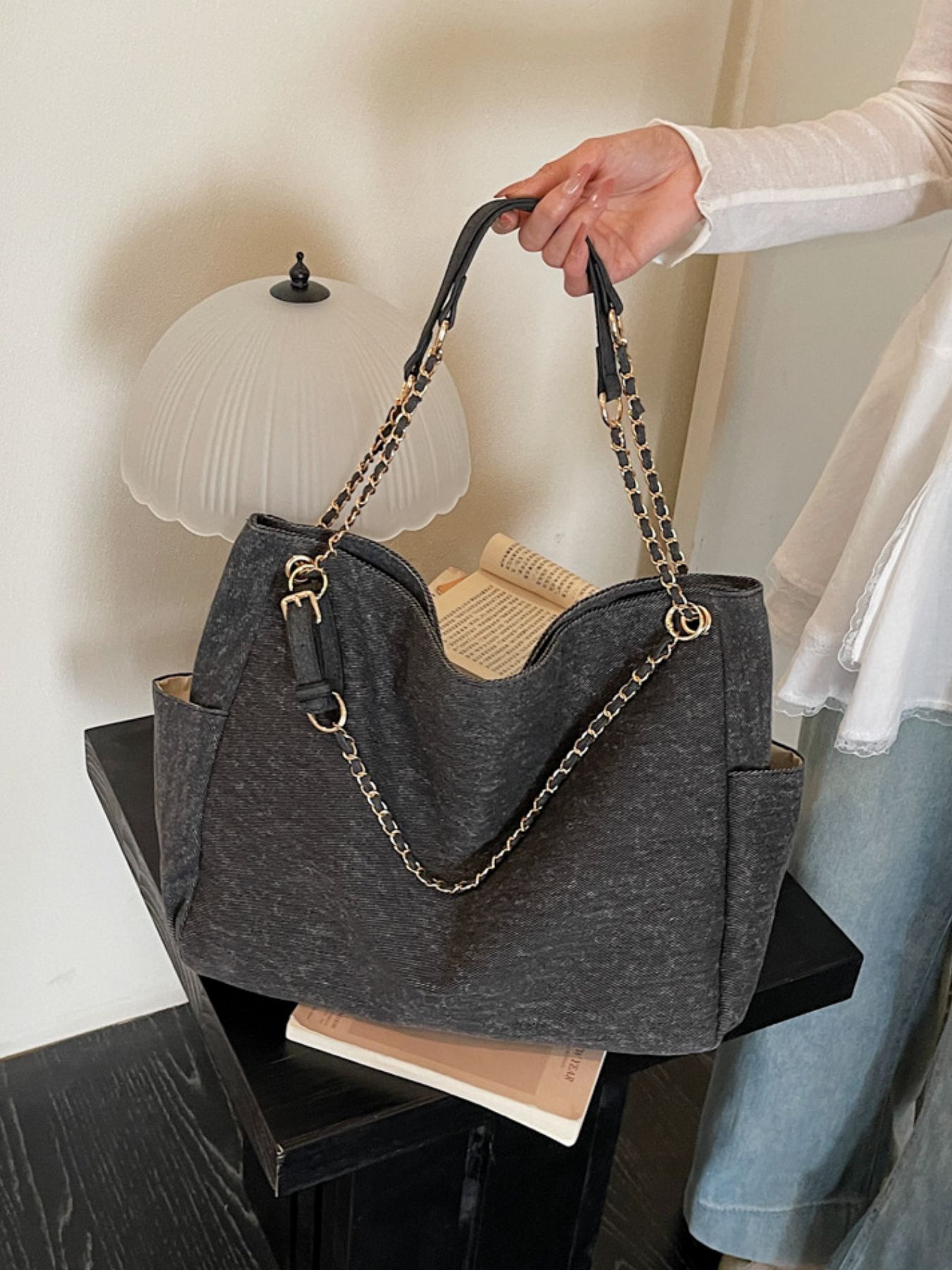Denim Shoulder Bag with Chain Strap 2