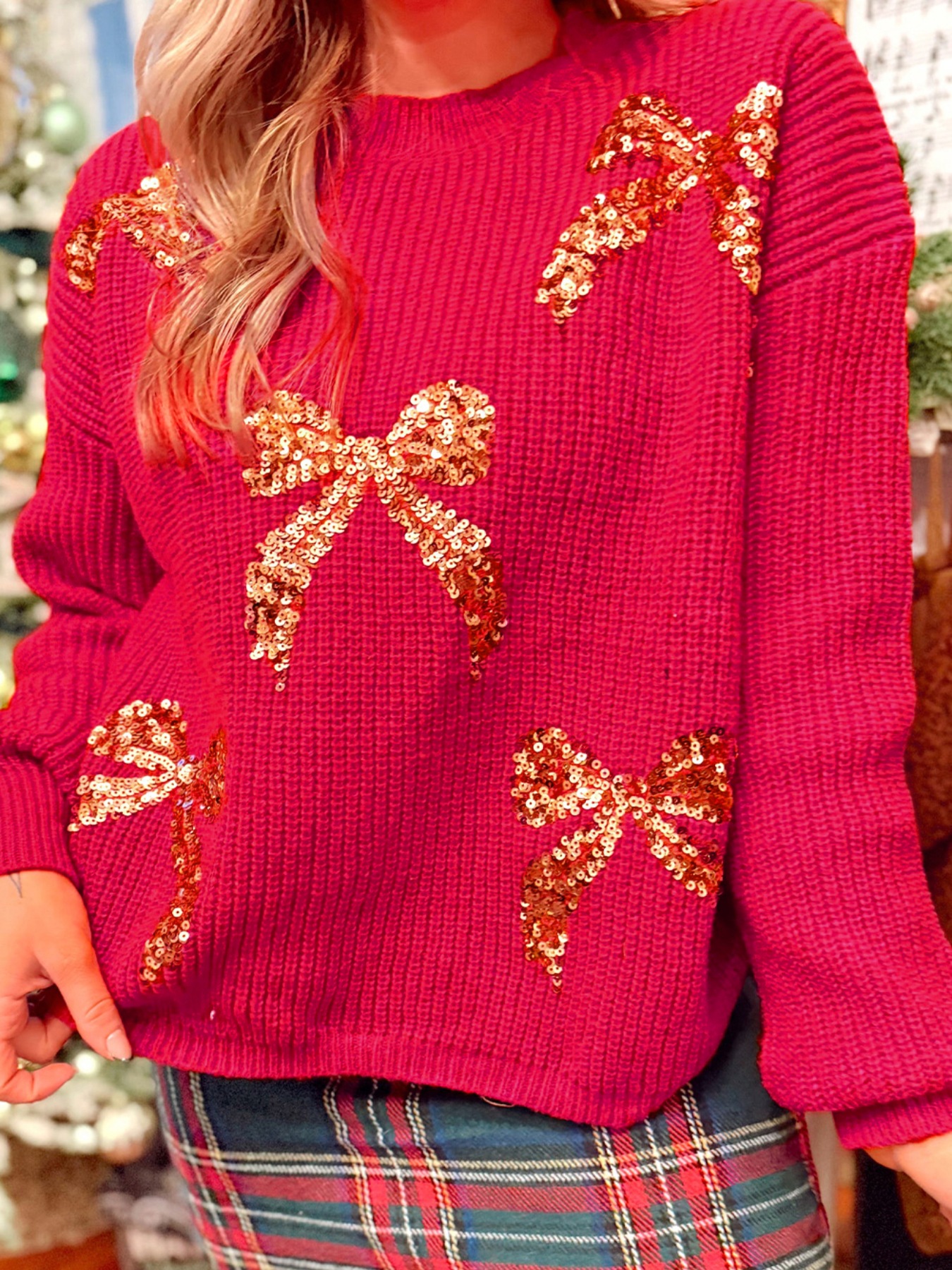 Sequin Bow Accent Drop Shoulder Sweater