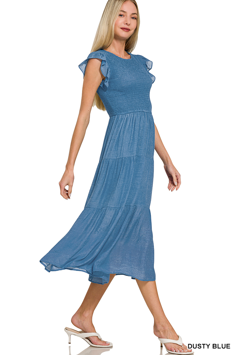 Woven Smocked Ruffle Sleeve Midi Dress