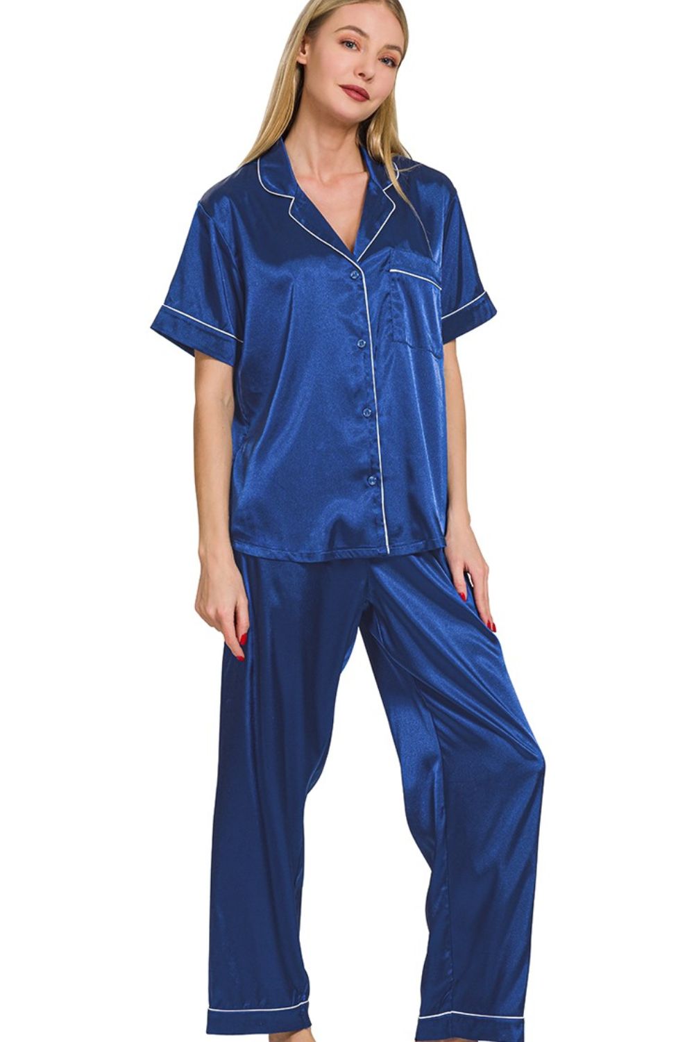 Satin Short Sleeve Top and Pants Pajama Set